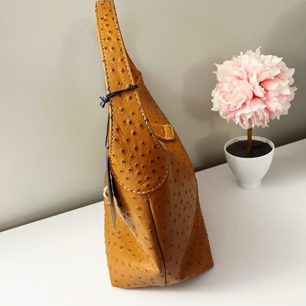 NEW Dooney & Bourke Caramel Ostrich Embossed Leather Logo Lock Hobo Bag NWT $388 - Picture 4 of 9